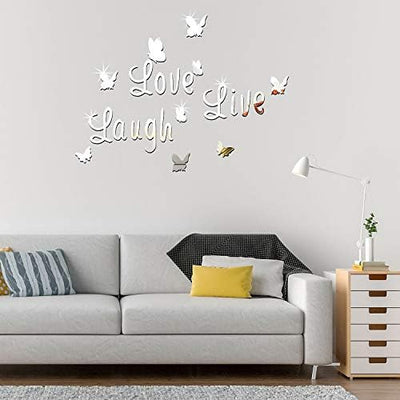 3D Acrylic Mirror Butterfly Stickers Silver Love Live Laugh Butterfly Wall Letters Butterfly, Home Decoration Decal