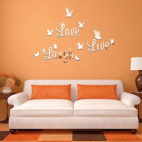 3D Acrylic Mirror Butterfly Stickers Silver Love Live Laugh Butterfly Wall Letters Butterfly, Home Decoration Decal