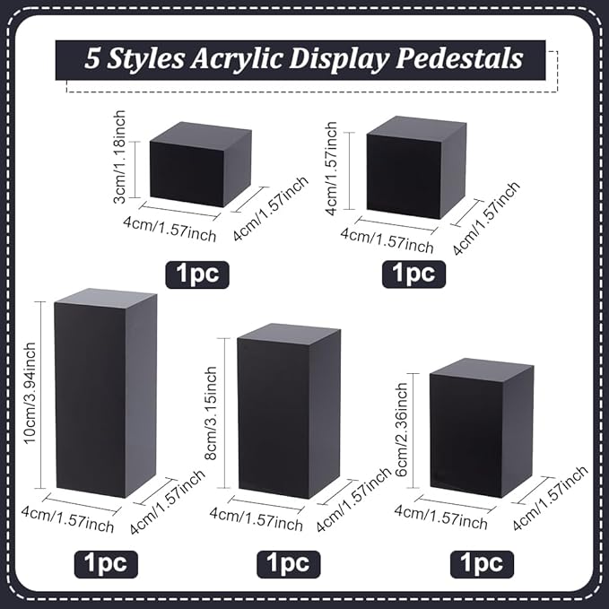 5Pcs Black Acrylic Cube Display Block 3/4/6/8/10cm Solid Display Pedestal Stand for Gem Display Jewelry Display Displaying Pop Figures Cosmetic Showing