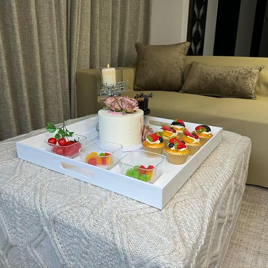 White Acrylic Large Ottoman Tray with Handles Spill Proof Serving Tray Rubber Boot Organizer Tray Decorative for Living Room Bedroom Kitchen Entryway Coffee Table Countertop