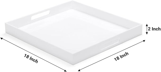 White Acrylic Large Ottoman Tray with Handles Spill Proof Serving Tray Rubber Boot Organizer Tray Decorative for Living Room Bedroom Kitchen Entryway Coffee Table Countertop