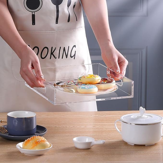 Acrylic Ottoman Tray with Handles 10x10x2 Inch Spill Proof Serving Tray Safe Edge Organizer Tray Decorative Tray for Living Room Bedroom Kitchen Bathroom Coffee Table Countertop