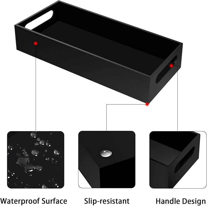 Acrylic Toilet Paper Holder with Storage – Black Toilet Tank Tray with Handles, Modern Bathroom Vanity Tray for Home Décor & Organization