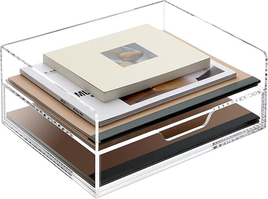 Acrylic Desk Organizer with Drawer – 2-Tier Clear Paper Tray for Letter/A4 Printer Paper, Files & Magazines | Office Supplies Storage