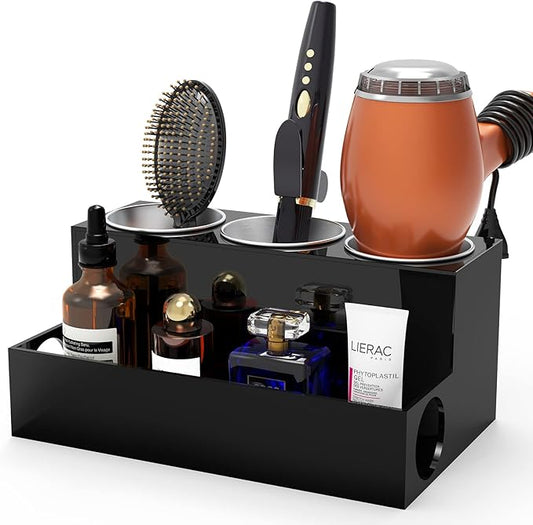 Hair Tool Organizer, Acrylic Holder for Blow Dryer/ Styling Tools/ Flat Irons/ Curling Irons/ Vanity Storage, Black Modern Countertop Stand for Accessories, Home, Kitchen, Bathroom