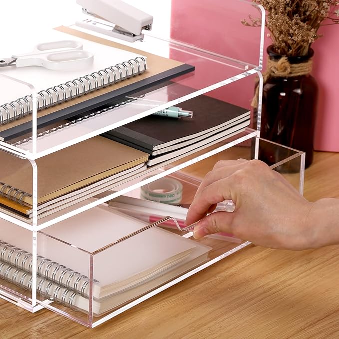 Acrylic Desk Organizer with Drawer – 2-Tier Clear Paper Tray for Letter/A4 Printer Paper, Files & Magazines | Office Supplies Storage