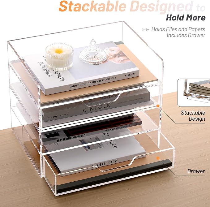Acrylic Desk Organizer with Drawer – 2-Tier Clear Paper Tray for Letter/A4 Printer Paper, Files & Magazines | Office Supplies Storage