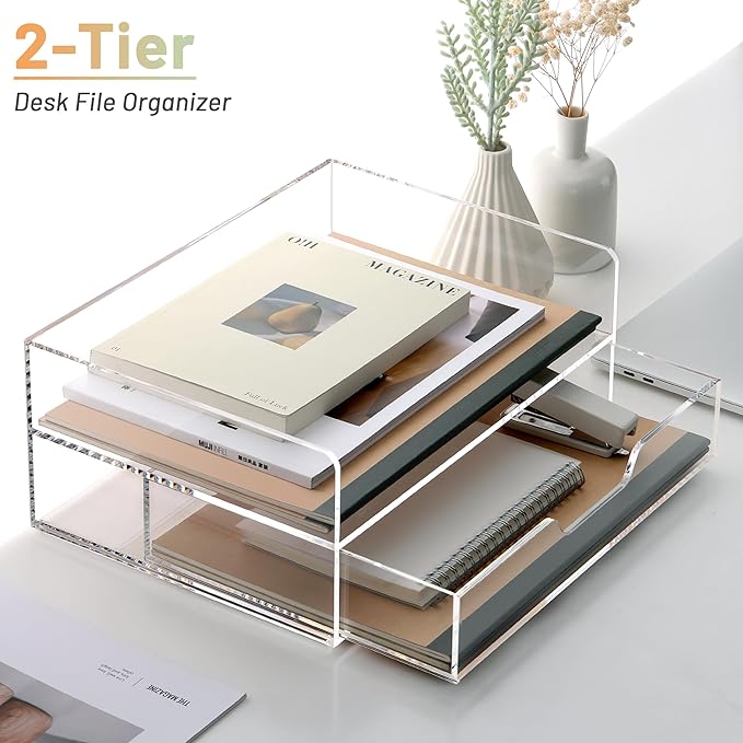 Acrylic Desk Organizer with Drawer – 2-Tier Clear Paper Tray for Letter/A4 Printer Paper, Files & Magazines | Office Supplies Storage