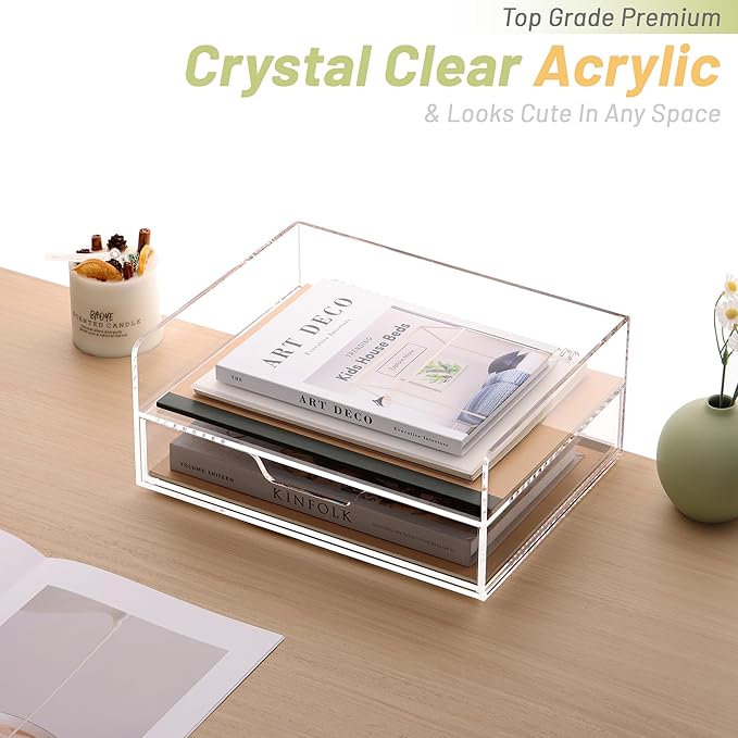 Acrylic Desk Organizer with Drawer – 2-Tier Clear Paper Tray for Letter/A4 Printer Paper, Files & Magazines | Office Supplies Storage