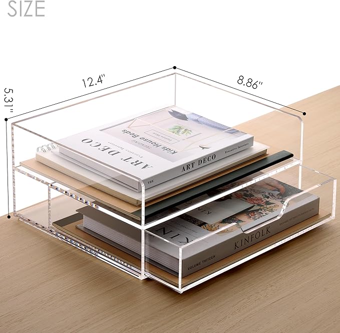 Acrylic Desk Organizer with Drawer – 2-Tier Clear Paper Tray for Letter/A4 Printer Paper, Files & Magazines | Office Supplies Storage