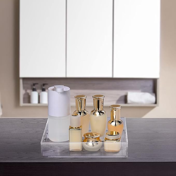 Acrylic Ottoman Tray with Handles 10x10x2 Inch Spill Proof Serving Tray Safe Edge Organizer Tray Decorative Tray for Living Room Bedroom Kitchen Bathroom Coffee Table Countertop