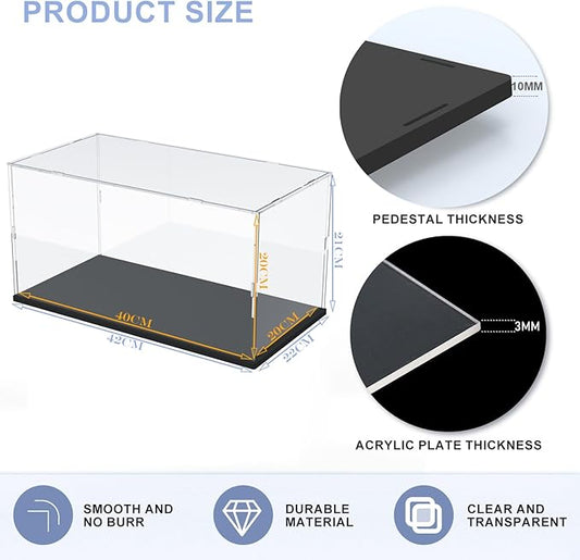 Acrylic Display Case with Black Base for Lego | Clear Acrylic Display Box for Collectibles Dustproof Protection Showcase (Black, 40x20x20 cm / 15.7x7.9x7.9 inch)