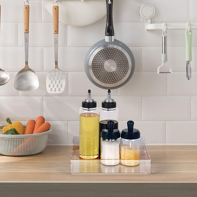 Acrylic Ottoman Tray with Handles 10x10x2 Inch Spill Proof Serving Tray Safe Edge Organizer Tray Decorative Tray for Living Room Bedroom Kitchen Bathroom Coffee Table Countertop