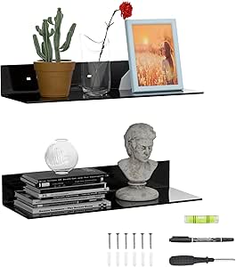 Set of 2 Black Acrylic Wall Shelves – 43cm L-Shape Floating Shelves, Perspex Corner Display Racks for Home Décor, Towels, Candles & Collectibles