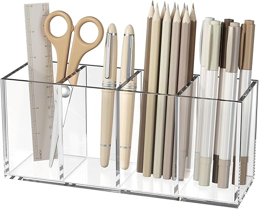 Acrylic Pen Holder 4 Compartments, Clear Pencil Organizer Cup for Countertop Desk Accessory Storage