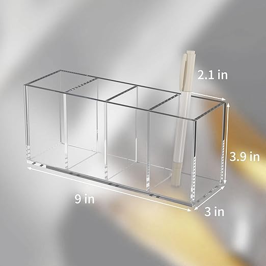 Acrylic Pen Holder 4 Compartments, Clear Pencil Organizer Cup for Countertop Desk Accessory Storage