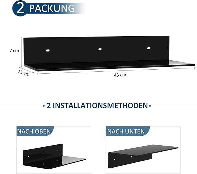 Set of 2 Black Acrylic Wall Shelves – 43cm L-Shape Floating Shelves, Perspex Corner Display Racks for Home Décor, Towels, Candles & Collectibles