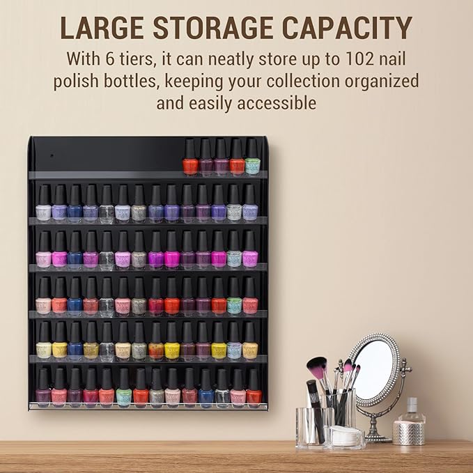 Black Acrylic Wall-Mounted Nail Polish Rack – 6-Tier Premium Display Shelf Organizer, Holds up to 102 Bottles
