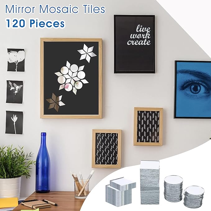 120 Pcs Small Mirrors for Crafts, 3 Shapes Mirror Pieces for Crafts, Square Diamond Round Craft Mirror DIY Mirror Mosaic Tiles for Disco Ball Lamp Framing Decoration