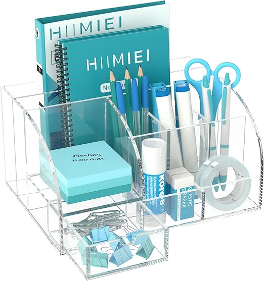 Clear Acrylic Desk Organizer with Drawer – 8 Compartments Office Supplies Storage for Home, School & Workspace