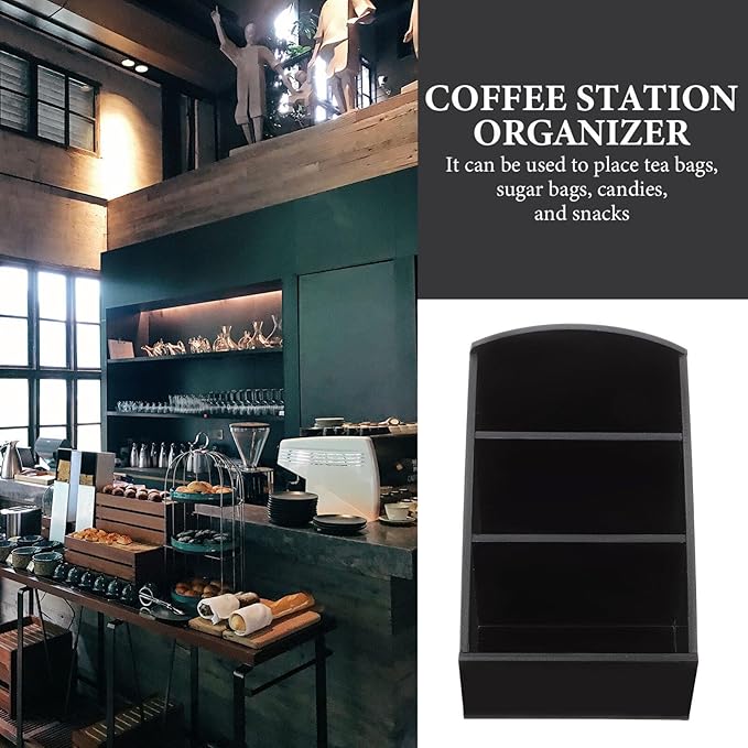 Coffee Station Organizer Tea Storage Box, Made of Acrylic with 3 Compartments, Hotel Tea Bag Box, Desktop Sugar Bag Holder for Tea Bags,Sugar, Coffee Pods Black Sugar Bag Organizer