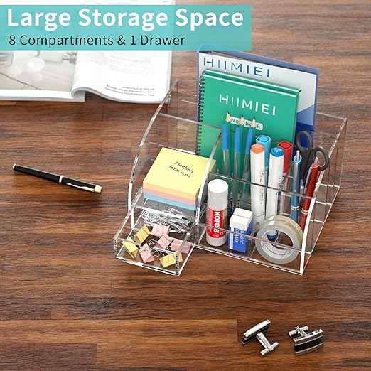 Clear Acrylic Desk Organizer with Drawer – 8 Compartments Office Supplies Storage for Home, School & Workspace
