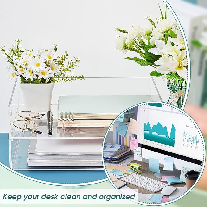 Acrylic Desk Organizers and Accessories Tier Paper File Organizer Tray Stackable Document Clear Desk Accessories for Office Workspace Organization