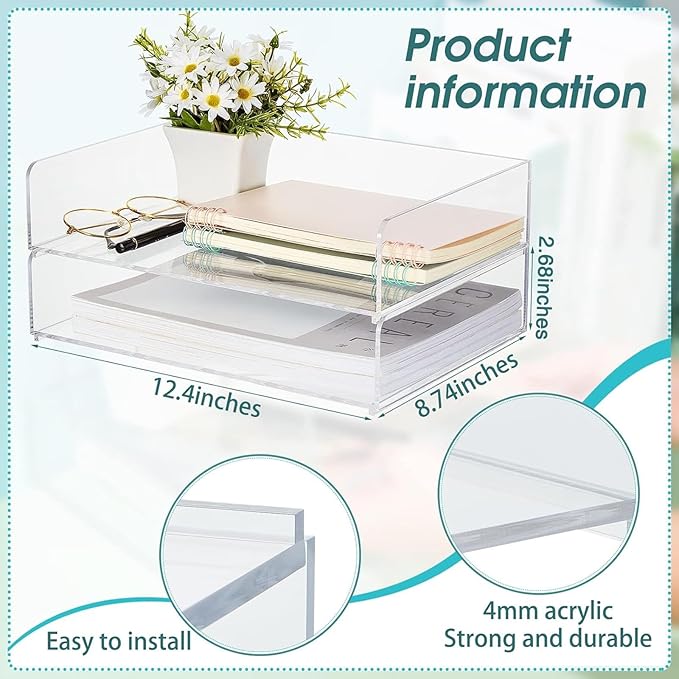 Acrylic Desk Organizers and Accessories Tier Paper File Organizer Tray Stackable Document Clear Desk Accessories for Office Workspace Organization
