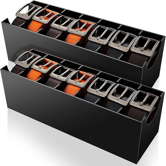 2 Pcs Belt Organizer Acrylic Belt Storage Holder 7 Compartments Christmas Display Case Belt Container Holder for Closet and Drawer, Belt Watch Storage Holder Accessories