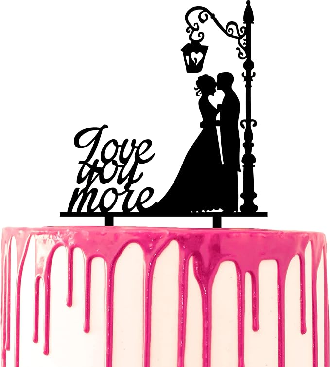Wedding Cake Topper – “Love You More” Bride & Groom Kissing Under Lamp Silhouette – Romantic Cake Decoration for Wedding Party