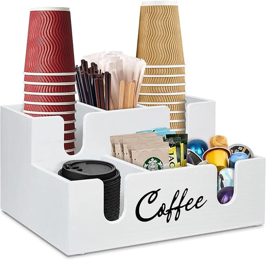 Coffee Station Organizer – 6 Compartment Acrylic Lid & Cup Holder, Condiment Storage Dispenser for Countertops