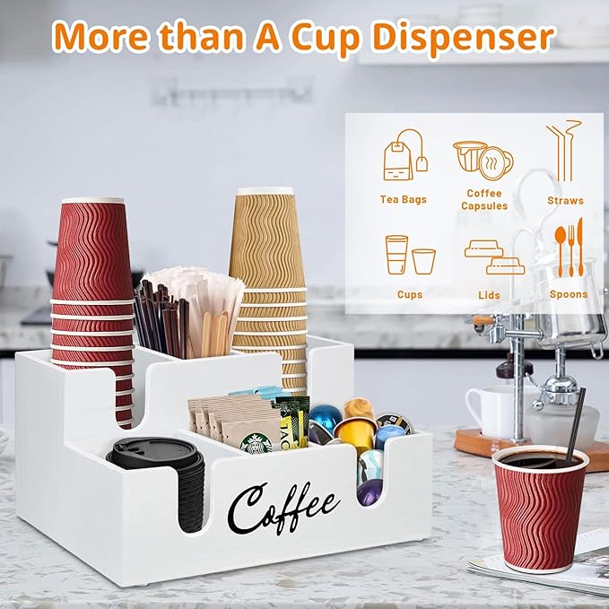 Coffee Station Organizer – 6 Compartment Acrylic Lid & Cup Holder, Condiment Storage Dispenser for Countertops
