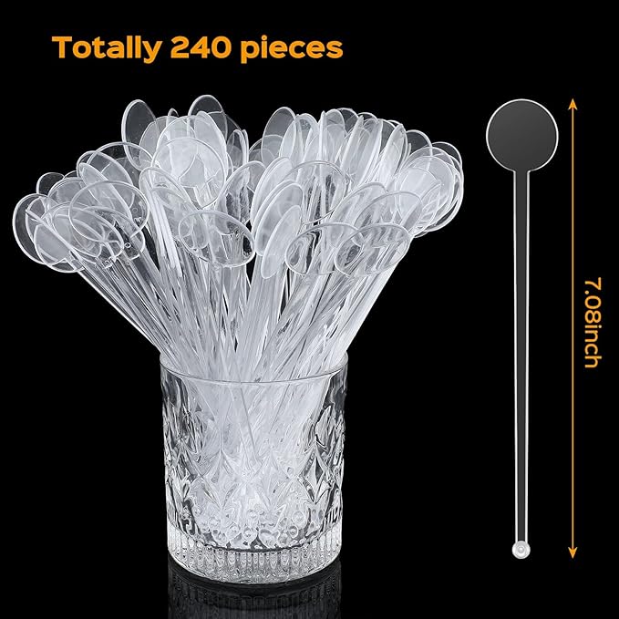 240pcs Disposable Plastic Stirring Sticks – Transparent Disc Top Coffee & Beverage Mixing Rods